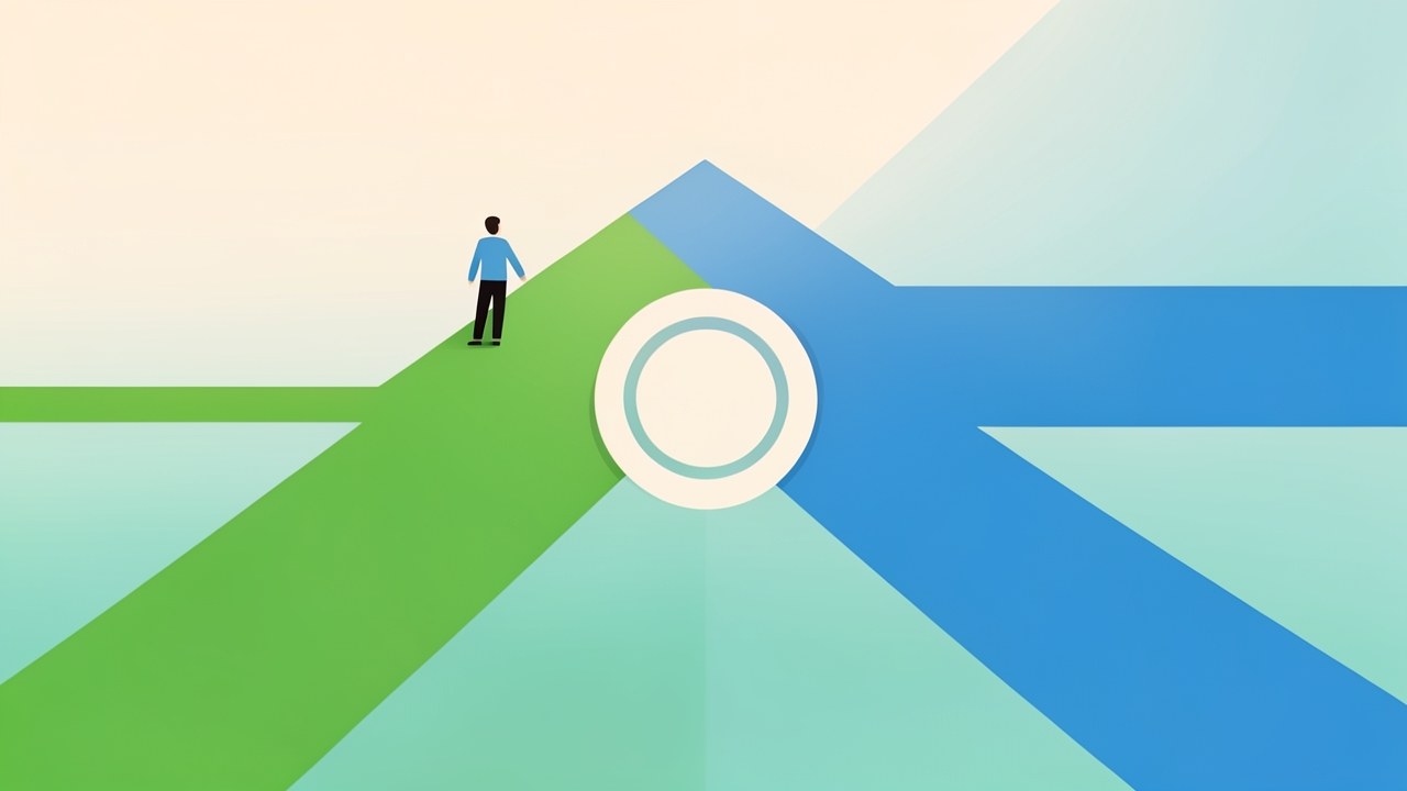 Two diverging paths, one in green and one in blue, with a central decision point, set against a soft gradient.