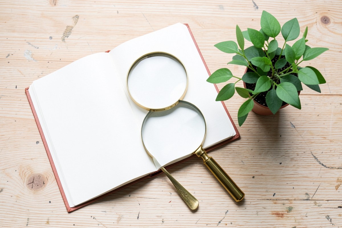 An open book on a desk with a magnifying glass, suggesting research and careful reading.