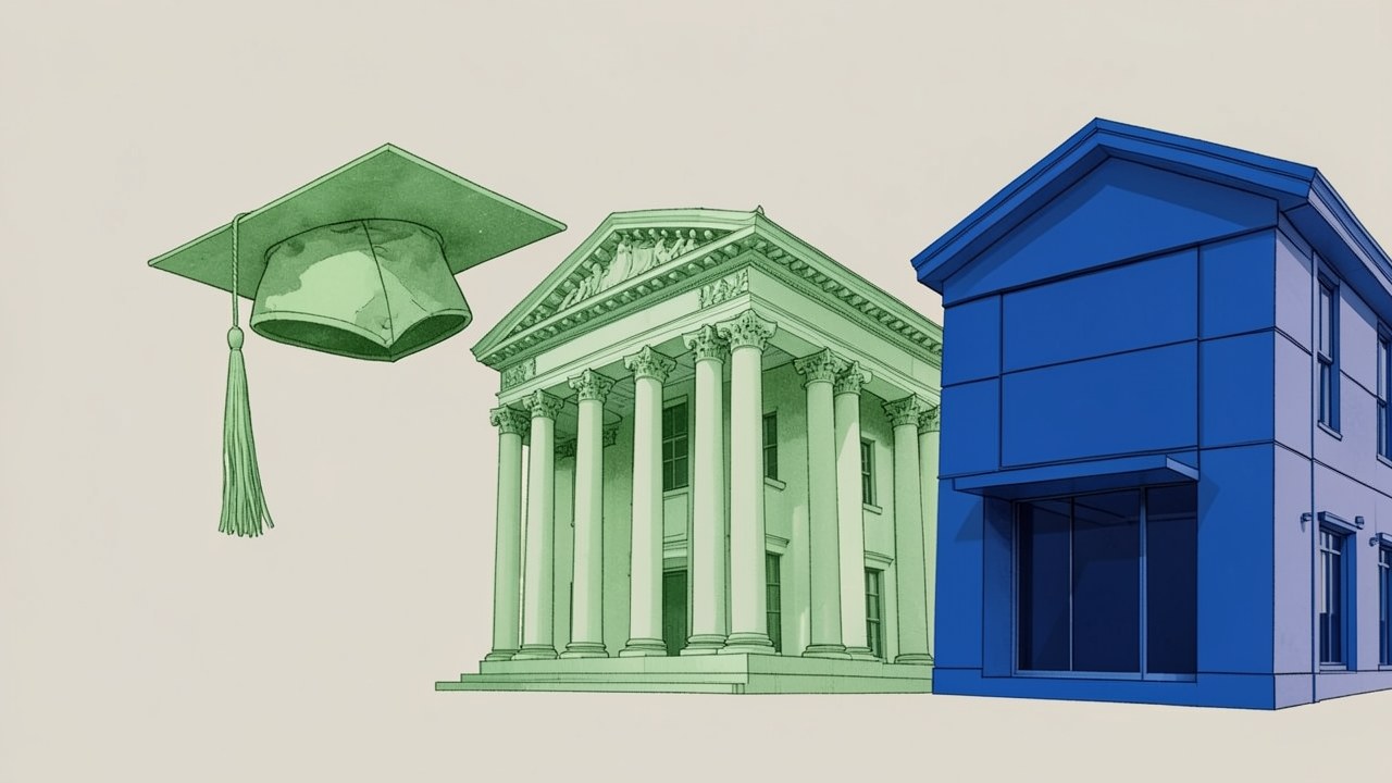 A cap and gown next to a bank or private building, representing federal and private loans.