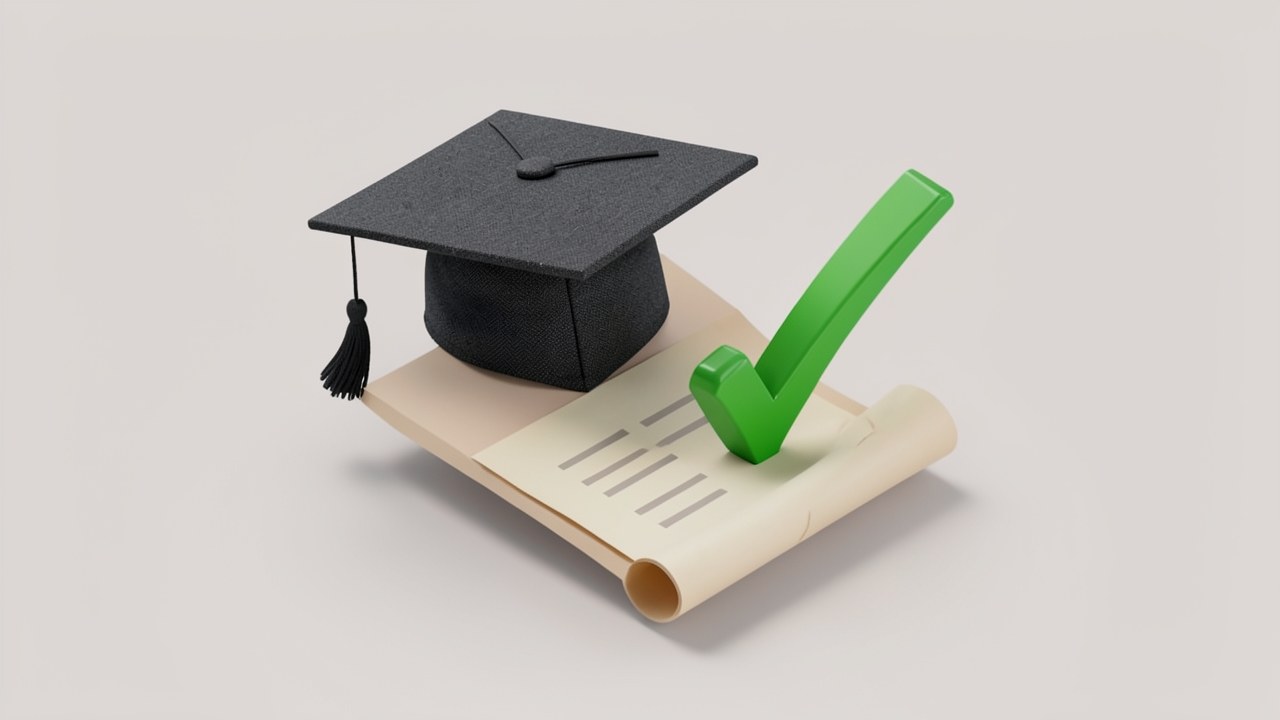 A graduation cap with a checkmark above it, and a document with a stamp, symbolizing forgiveness.