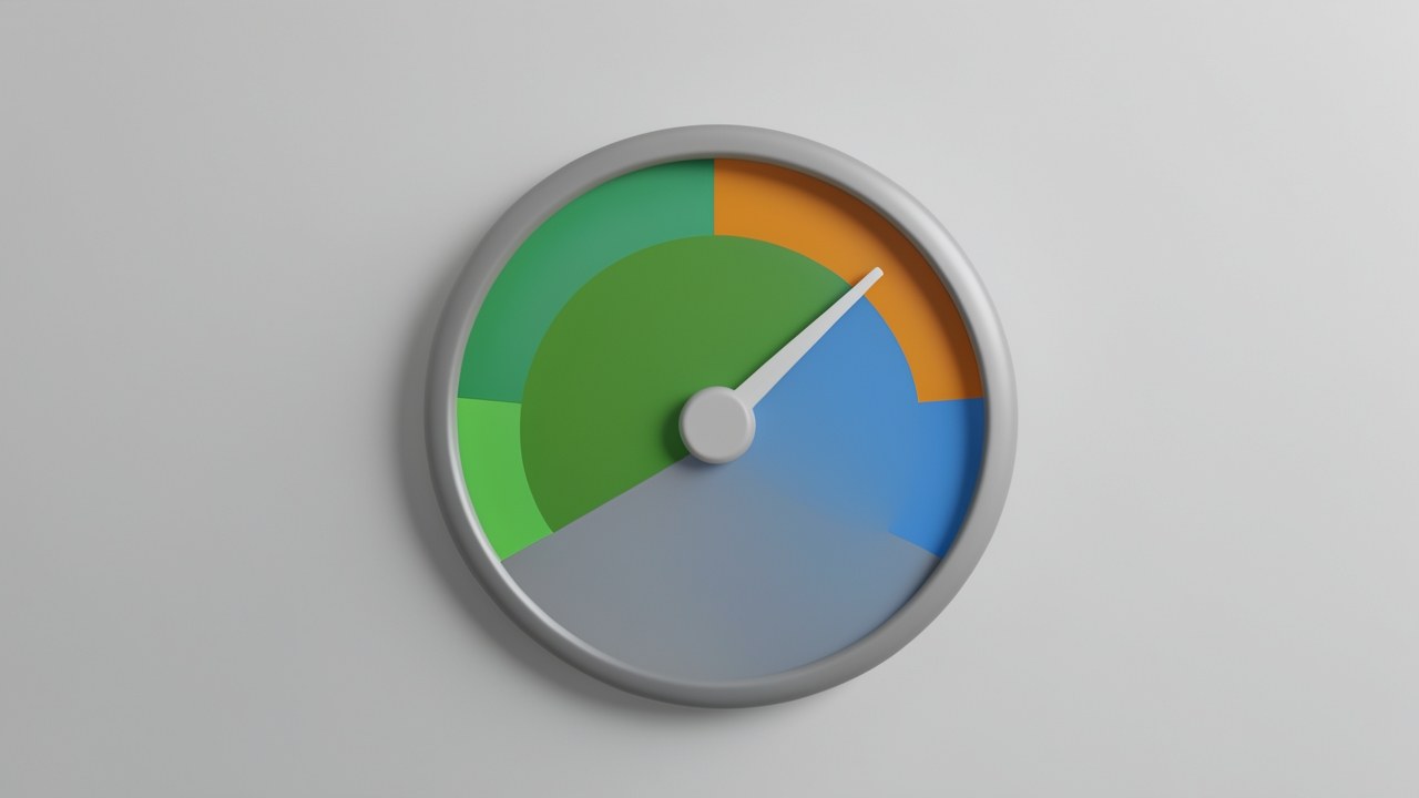 A speedometer with a pointer in the green zone, representing credit scores.