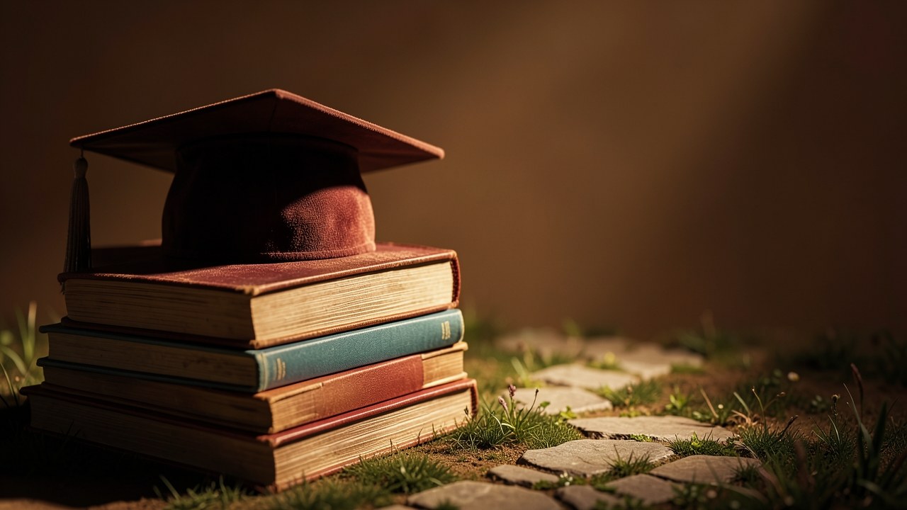 A graduation cap and a stack of books, with a small path, representing the overview.