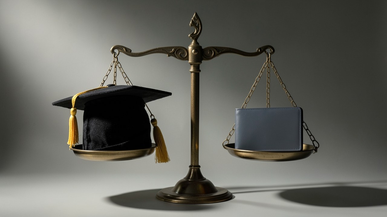 A balance scale comparing a graduation cap and a general wallet or card.
