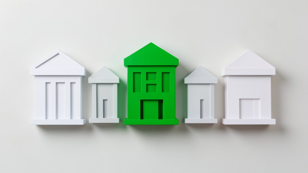 A row of small bank or building icons, with one highlighted, suggesting comparison of lenders.