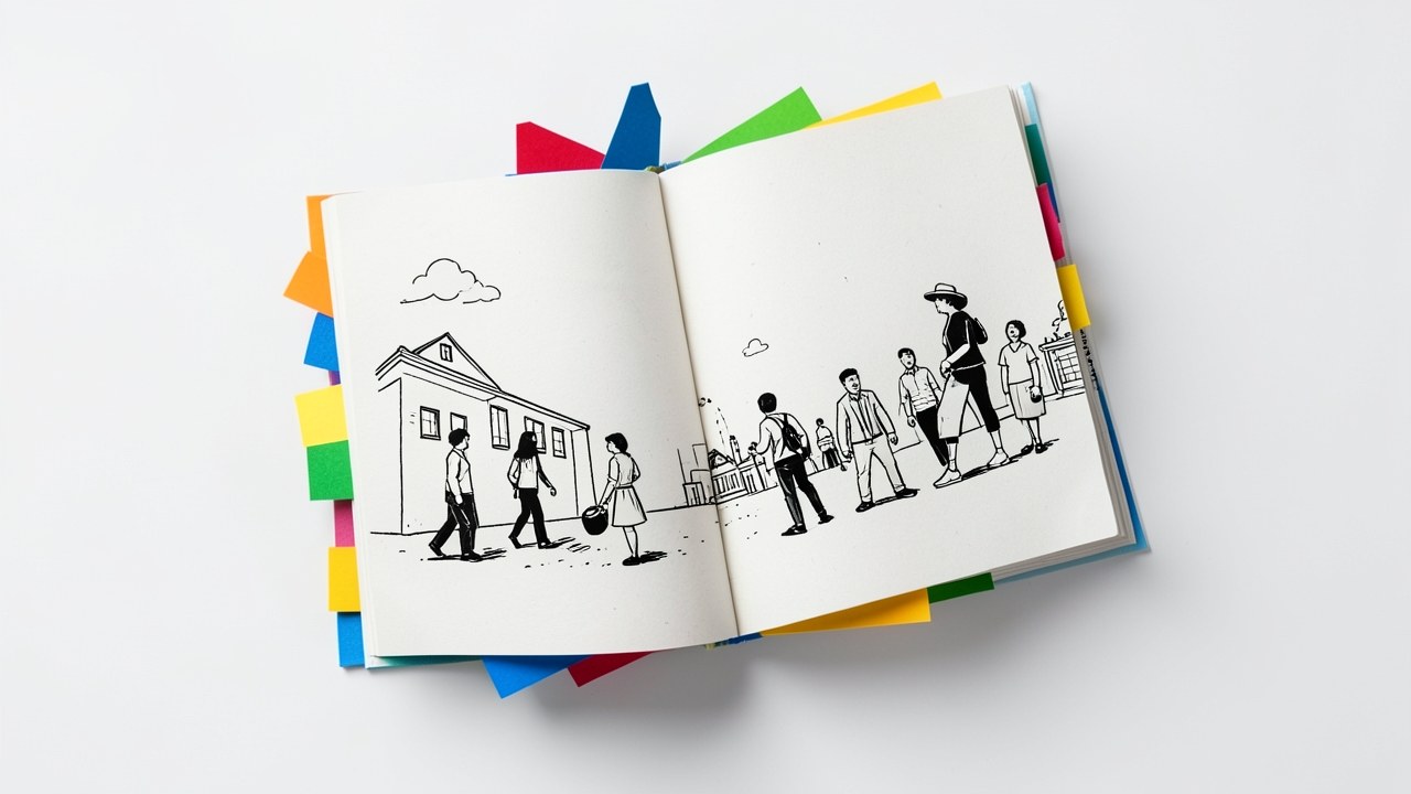 An open book with tagged pages, representing a glossary.